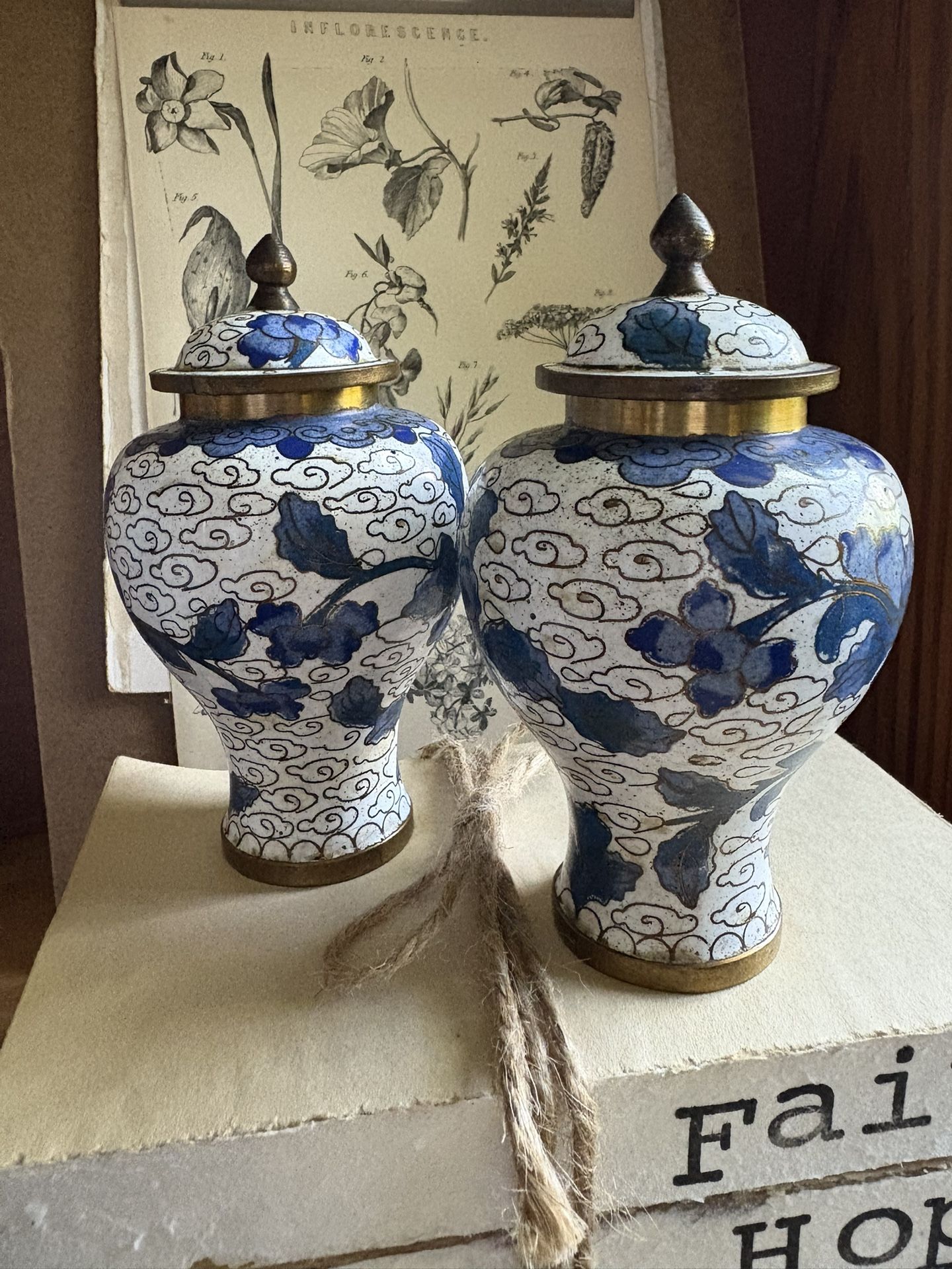 2 Cloisonné Ginger Jars Blue White Brass On Copper With Lid 4.75” Chinese Herbal Spice Display