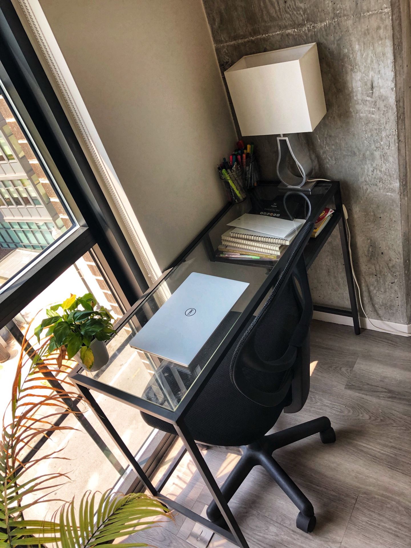 Sleek desk set (IKEA desk and lamp; Amazon chair)