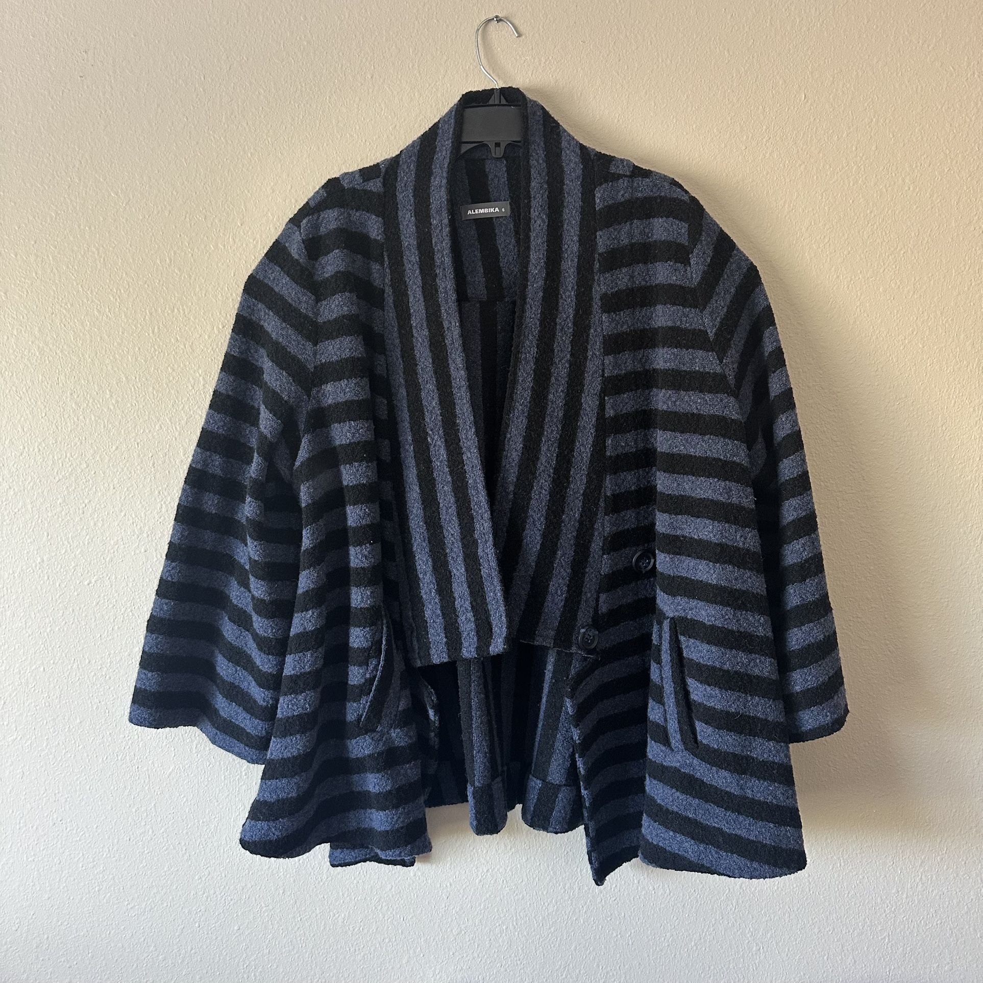 Vintage wool ALEMBIKA  Blue Black stripes Cardigan Jacket  Pockets Size 6