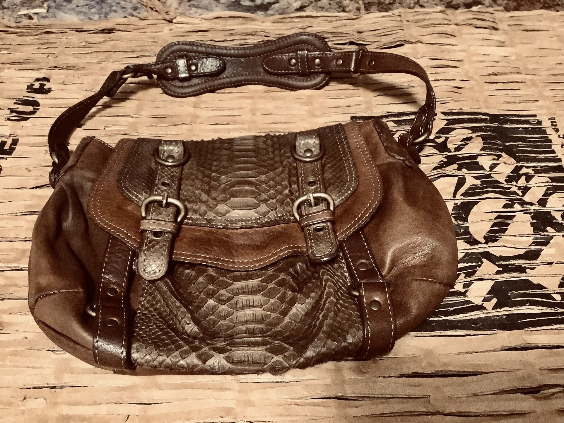 Designer Paris Abaco Soft Brown Distressed Leather Shoulder Bag With Python Trim Made In France