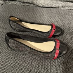 Black/grey with red belt buckle women’s flat shoes- size 8