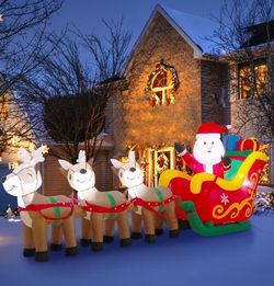 9.5ft Long Santa With Reindeers Christmas Inflatable 