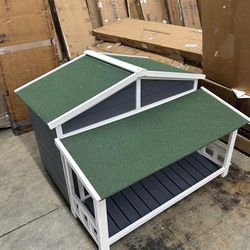 47.2" Wooden Dog House with Porch 2 Doors Asphalt Roof Elevated Floor Easy Assembly Ideal for Large Medium Small Dogs Gray(some damage)