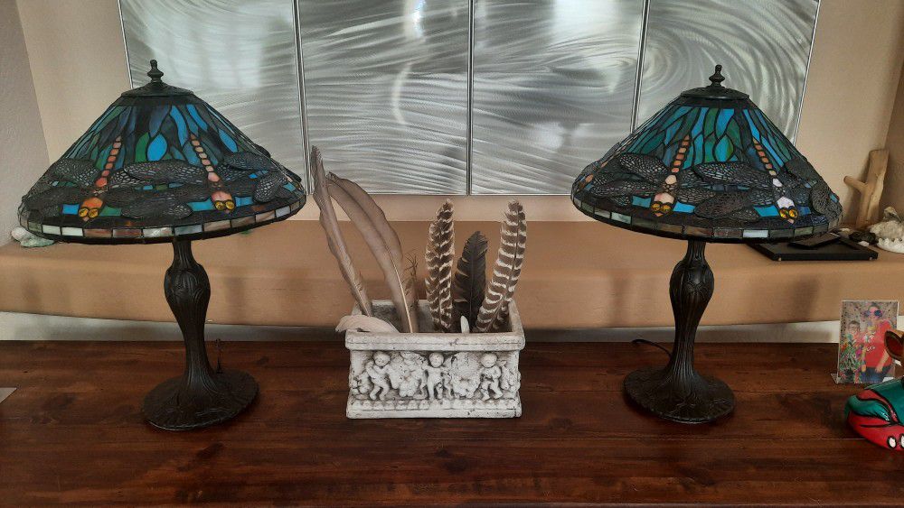 2 Tiffany Stained Glass Dragonfly Table Lamps