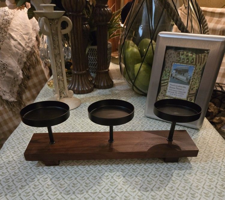 Wood Candle Holder With 3 Metal Pillar Arms