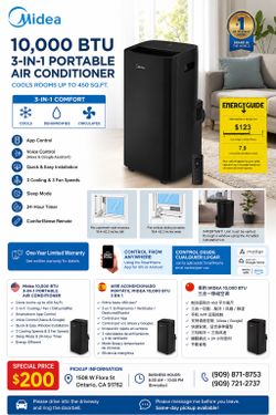 💥 HOT DEAL! Midea 10,000 BTU Portable Air Conditioner 💥  ❄️ Beat the Heat Today!  ✅ 10,000 BTU SACC / 13,500 BTU ASHRAE ✅ Cools rooms up to 450 Sq.F