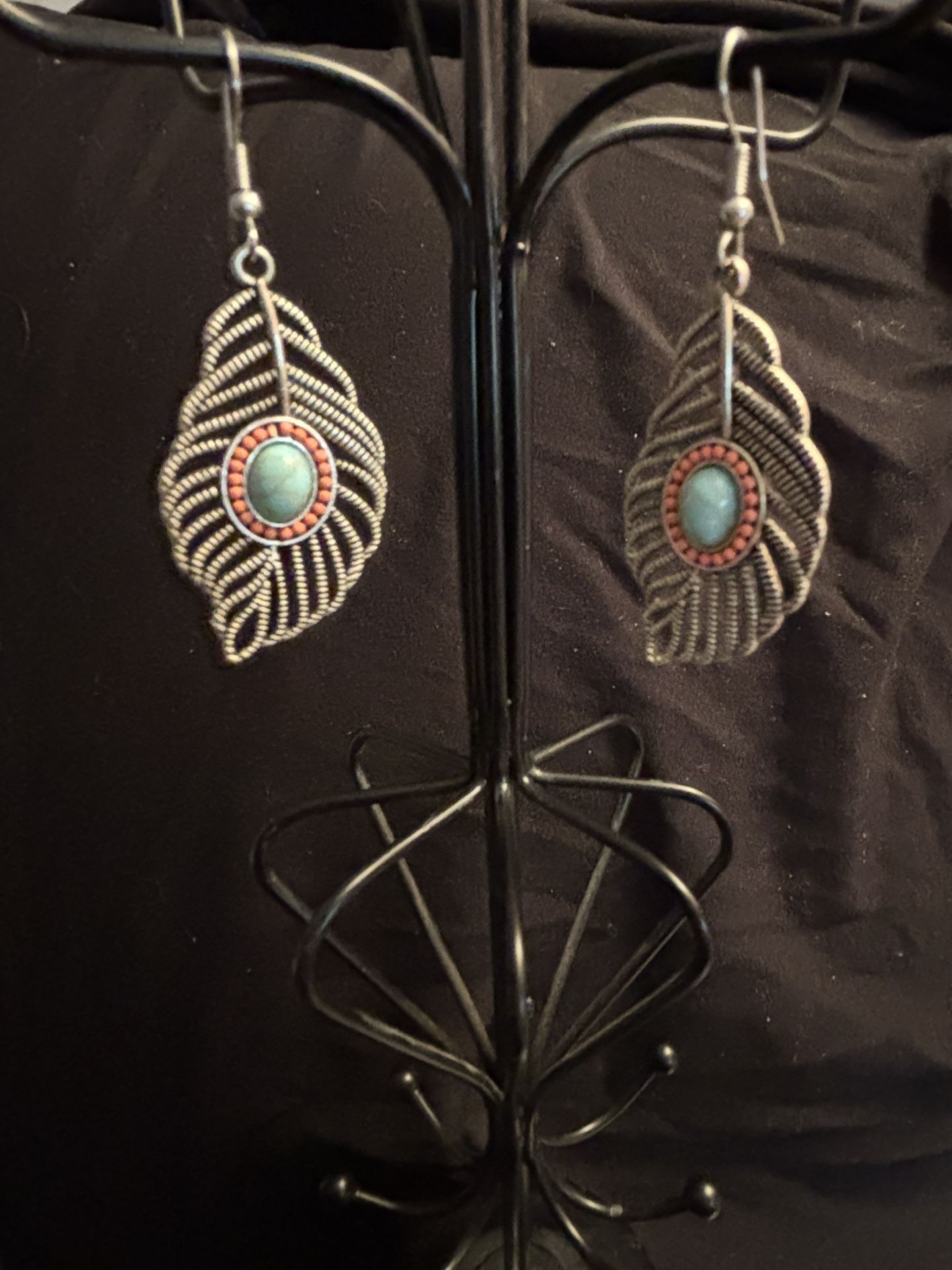 Stunning Feather Shaped Dangling Stainless Steel Turquoise Earrings