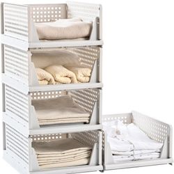 5 Pack Stackable Plastic Storage Basket-Foldable Closet Organizers Drawer Shelf Container for Bathroom Kitchen Laundry Room Wardrobe Storage