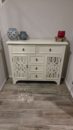 White Accent Cabinet with Drawers and Mirrored Doors