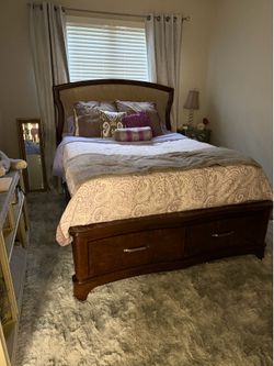 Queen Storage Bed Frame and Mattress w/ Upholstered Headboard