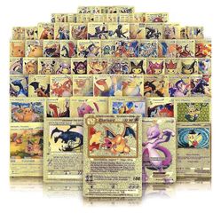 55 PCS Gold pokemon Cards Packs Golden Cards Deck Box Gold Foil Card for Fans/Collectors