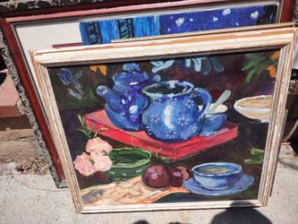 Framed Tea Set & Still Life Oil Painting - Cottagecore / Vintage Wall Art