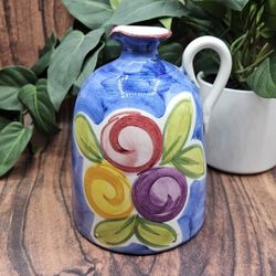 Vintage Italian Art Pottery Hand Painted Wide bottom handled ceramic jug pitcher vase candle holder blue with red yellow purple flowers made in Italy 