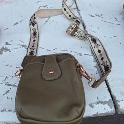 Olive Green Vegan Leather Cellphone Crossbody Bag with a Patterned Guitar Style