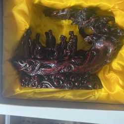 Red Chinese Cinnabar Resin Eight 8 Immortals Boat