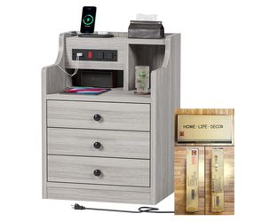 Nightstand Table Desk with Drawers & Charging Station