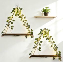 NEW IN BOX Boho Hanging Shelves for Wall, Set of 2 Wooden Hanging Shelf with LED Lights