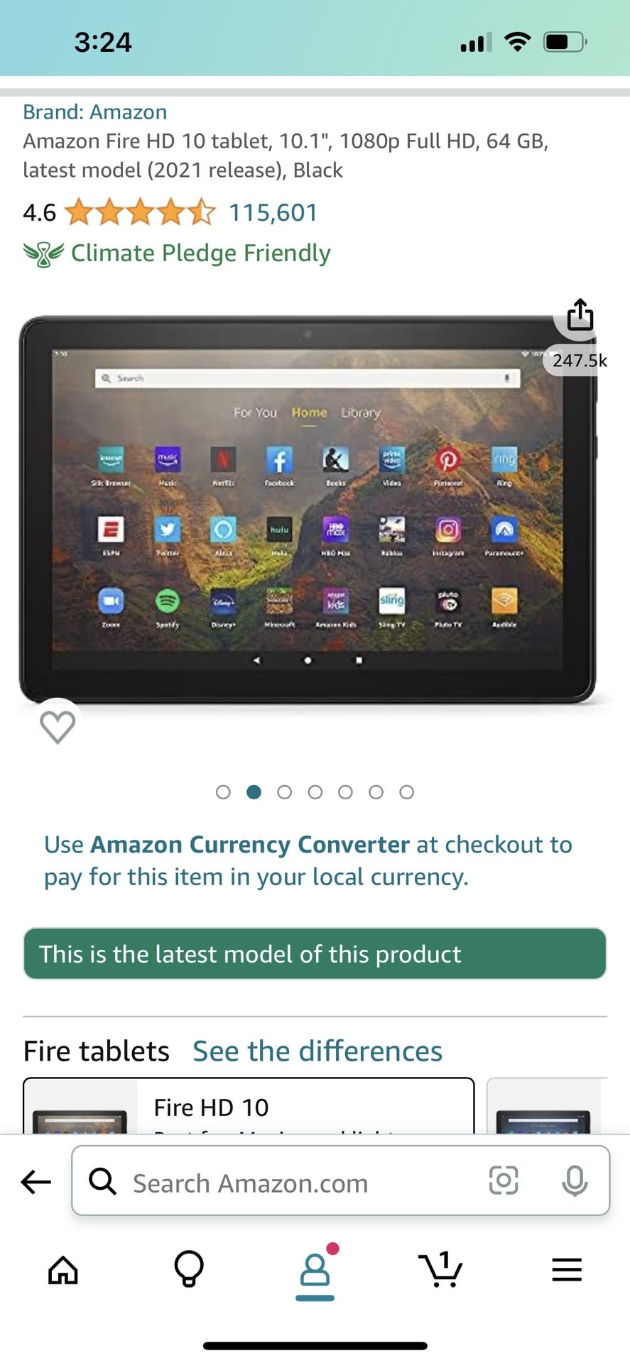Amazon Fire HD 10 Tablet, 10.1”, 1080p Full HD, 64 GB, Latest Model, Black