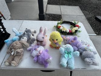 Stuffed animals and Easter wreath