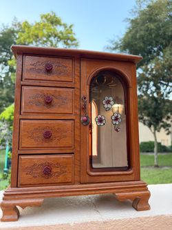 Wooden Jewelry Armoire with Mirror and Drawers