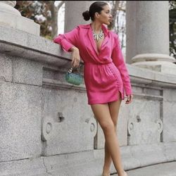 Zara hot pink satin effect button down long sleeve mini dress L