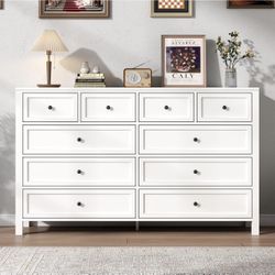 Farmhouse 10 Drawers Dresser for Bedroom, White Dresser Chest of Drawers, Wood Storage Dressers with Deep Drawers and Metal Handle, Wide Modern Dresse