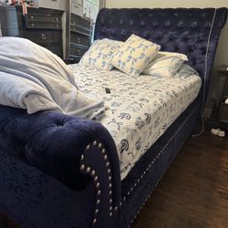 Royal Blue Velvet Queen Sledge Bed Frame
