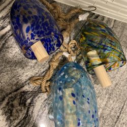 3 Blue 7” Tall Glass Tree Wind charms Tree Bells Garden Decor