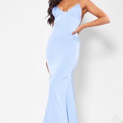 LIGHT BLUE SATIN V NECK MAXI DRESS