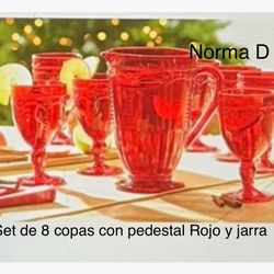 Set De 8 Copas Con Pedestal Rojo Y Jarra Nuevas En Su Caja 🌺 Princess House 🌺