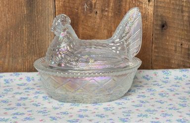 Iridescent Glass Hen on Nest Covered Dish