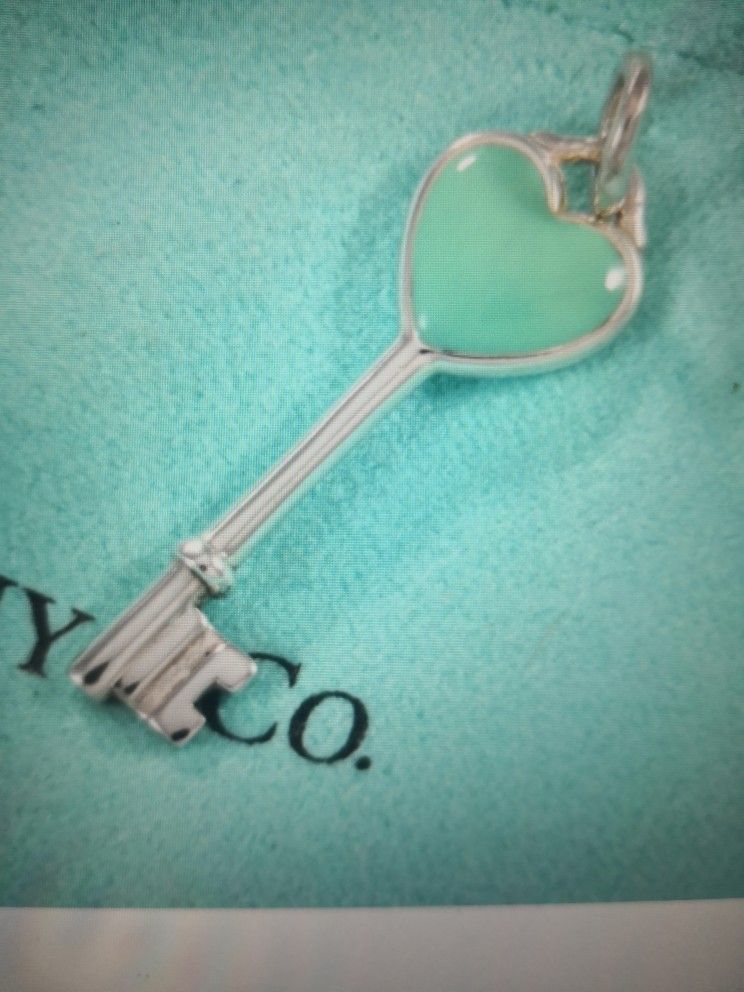 Tiffany &Co Silver 1.25"blue π Enamel Heart Key Charm Pendant