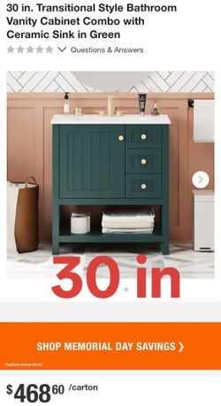 30 in. Transitional Style Bathroom Vanity Cabinet Combo with Ceramic Sink in Green
