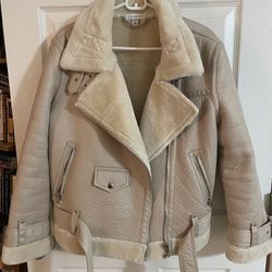 Topshop Petite faux leather shearling aviator biker jacket in off-white