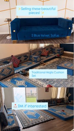 Modern Blue Velvet Sofa Set & matching traditional floor seating cushions.