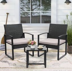 New 3 Piece Wicker Patio Bistro Set, Outdoor Rattan Set (3 colors cushions)