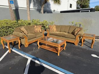 Beautiful Brown Tan Beige Wood Upholstery Sofa Couch Living Room Set Middle Coffee Table Side End Tables 