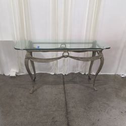 Distressed Gold Metal Console Table with Glass Top