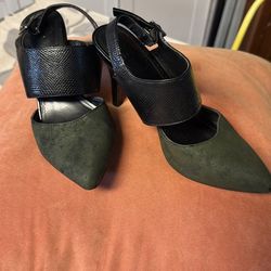 3 in heels, moss green and black size 6