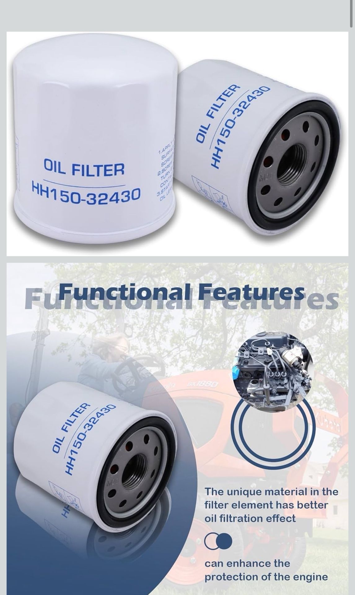 HH150-32430 Engine Oil Filters Compatible with Kubota Engine D722 D782 D902 DF752 DF972 DG972 WG750 WG752 WG972 Z402, Grasshopper Mower 321D 325 325D 