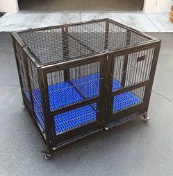 $190 (New in box) Folding heavy duty dog cage 41x31x34” double-door stackable kennel w/ divider, plastic tray