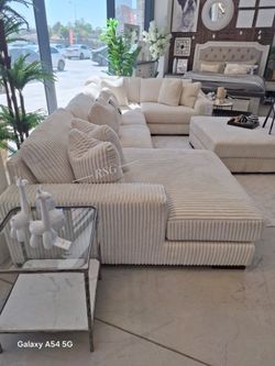 Ashley Lindyn Ivory Corduroy Fabric Modular Sectional Couch Set Fast Delivery Only $39 down payment 👉 Please ask Jon Green for a discount when you ar