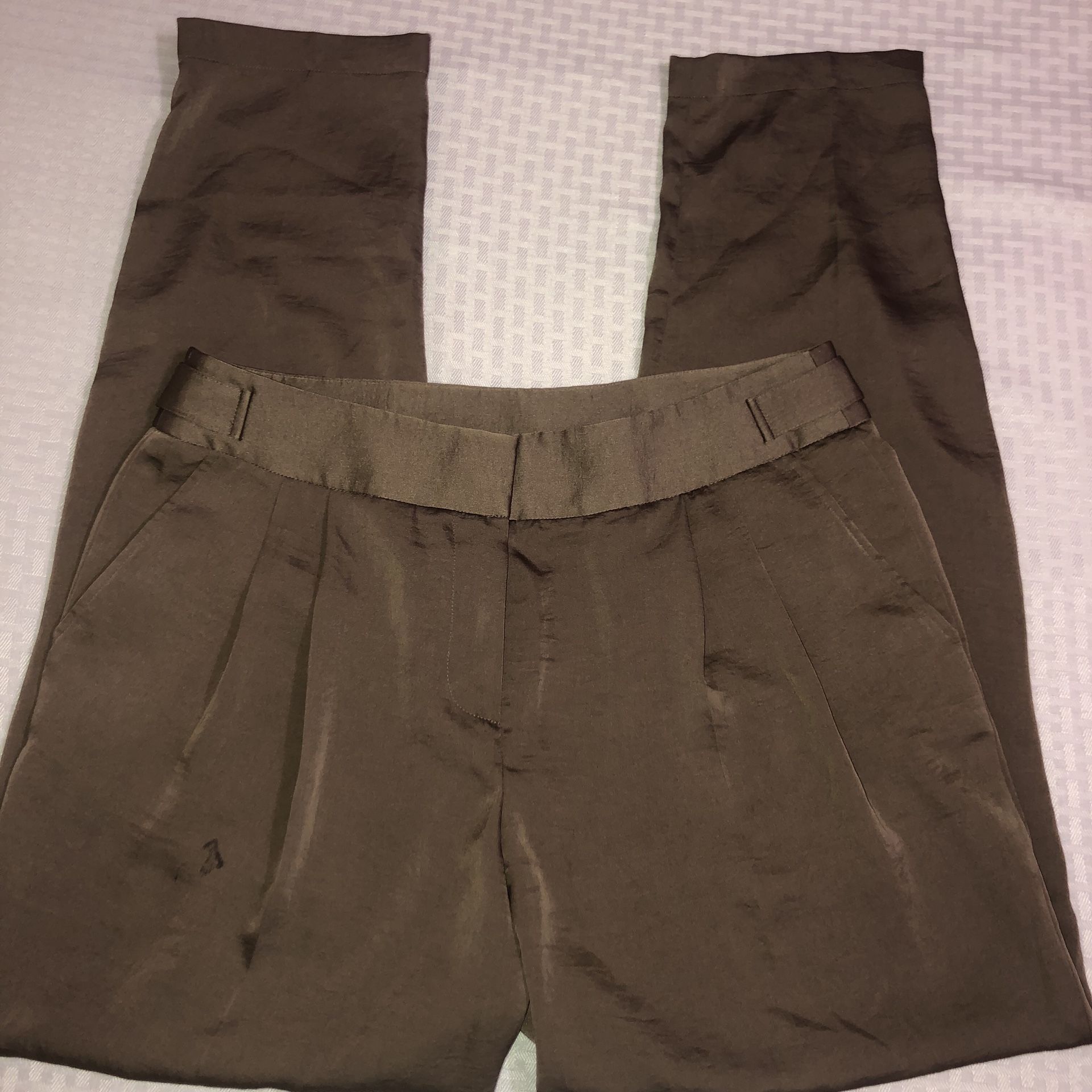 Anne Klein light brown silky size 4 pants. They have a small spot on the front that is hidden by the pleats when worn and may come out. I haven’t tri