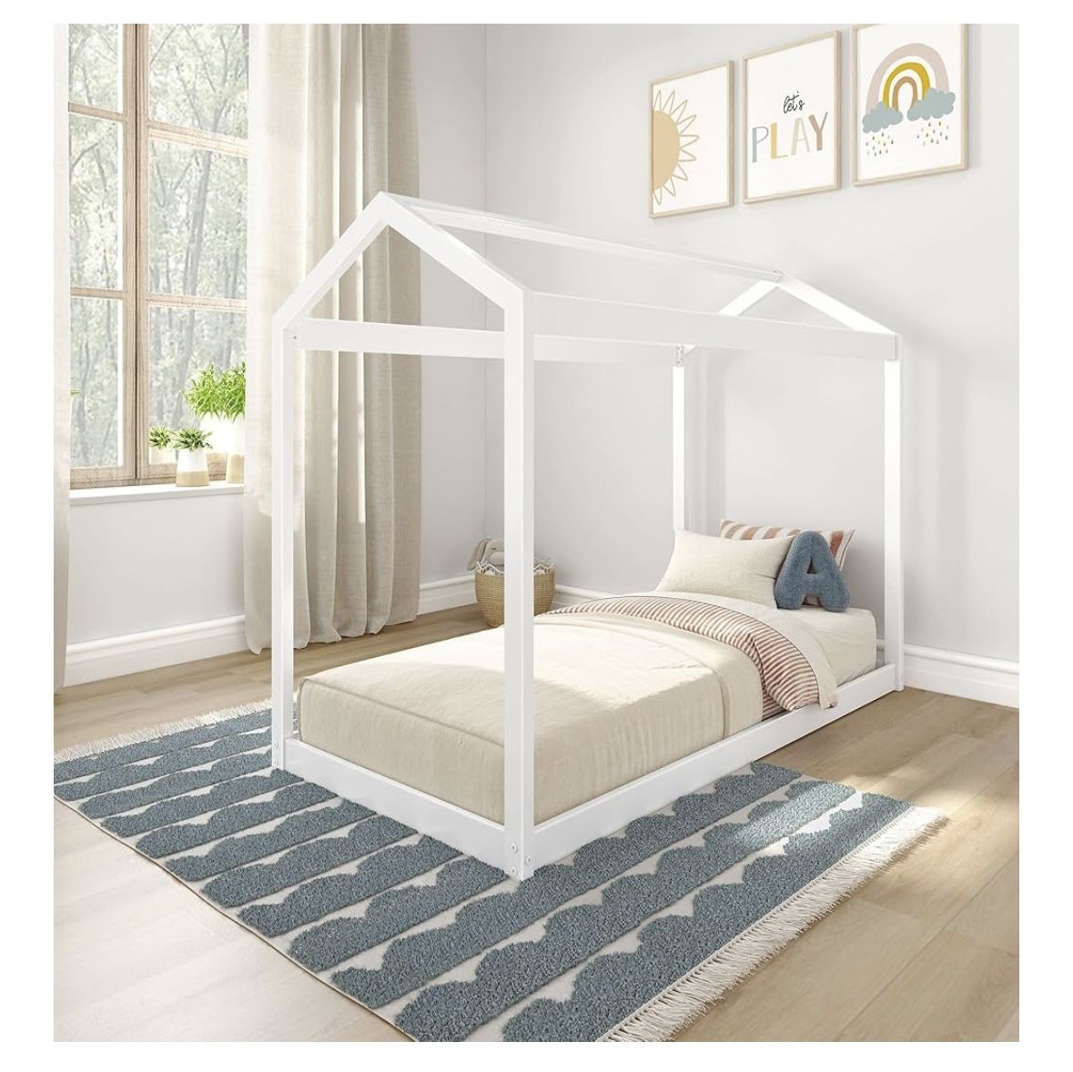 White Wood House Bed Frame + Gel Memory Foam Mattress – $250