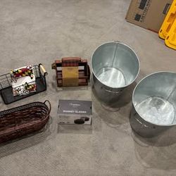 Entertaining Bundle – Galvanized Tubs + Bottle Caddy + Baskets – $40