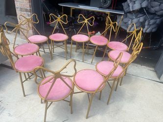 Set of 10 Gold Bow-Back Pink Velvet Chairs