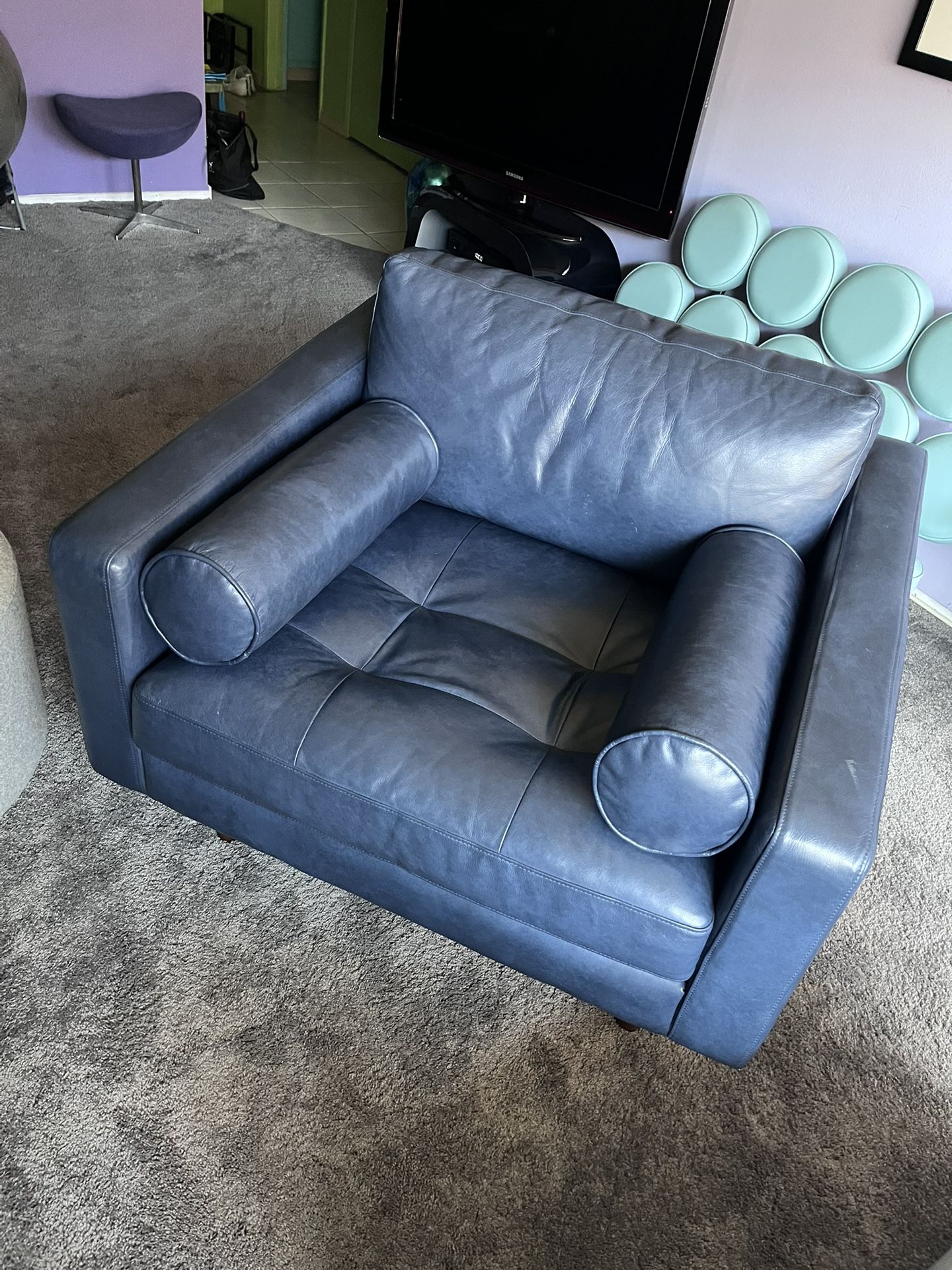 Blue Leather Lounge Chair -and-a-half
