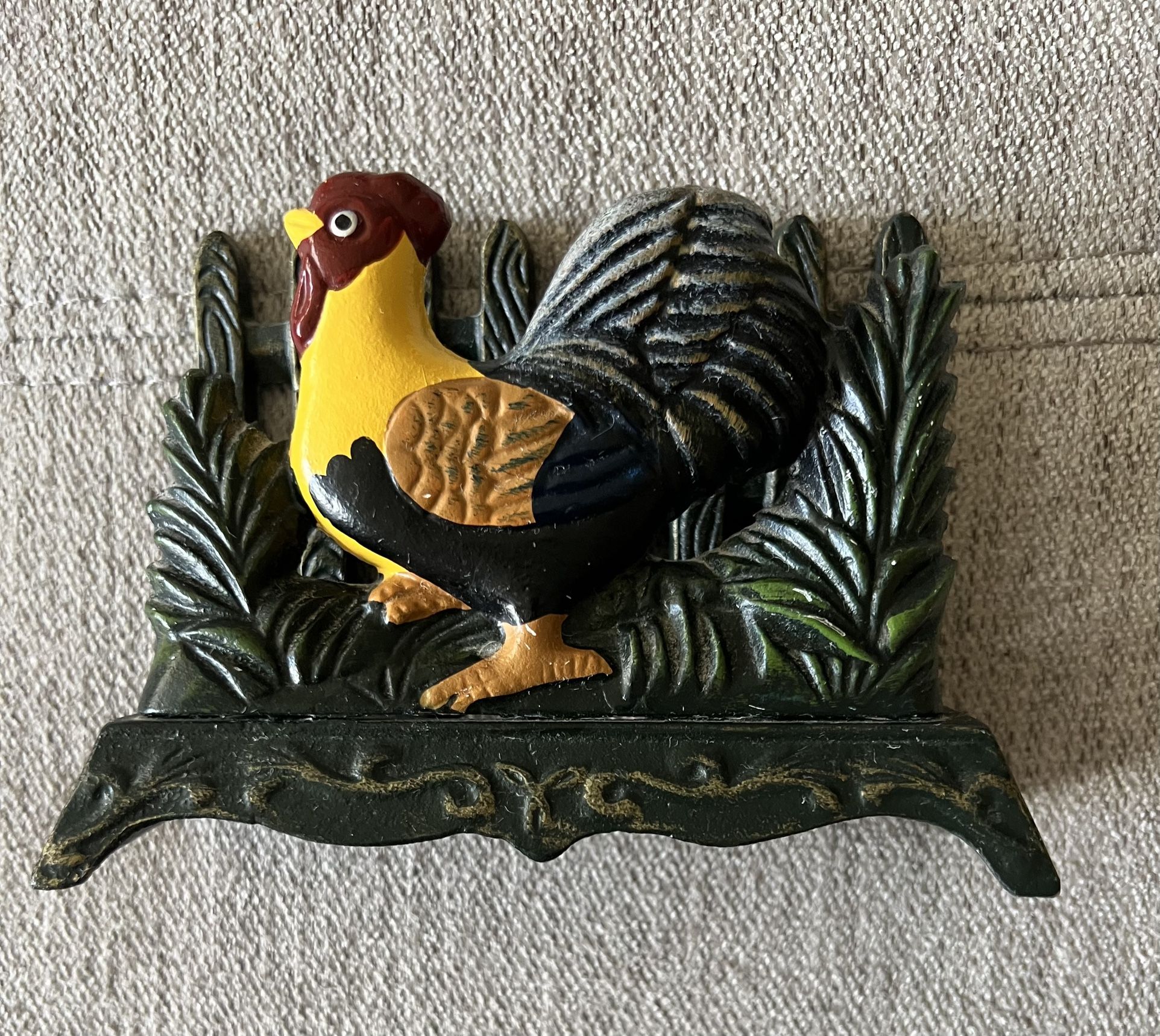 Vintage Napkin Holder Cast Iron Rooster Picket Fence Hand Painted Country Decor