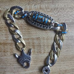 Turquoise Six Character Mantra Nine Eyed Dzi Bracelet Sterling Silver