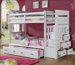 Brand New White Twin Size Bunk Bed w Staircase + Trundle Bed
